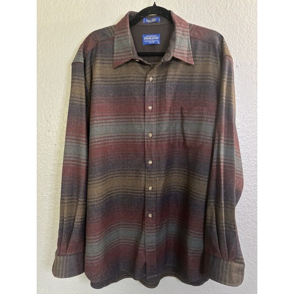 Pendleton Mens XL Lodge Shirt Wool Flannel Button Up Gray Stripe Collared Warmth - Picture 1 of 6